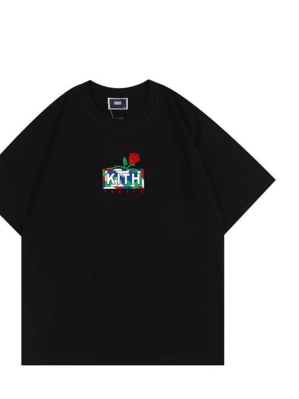Kith Black Tee with Multicolor Box Logo and Red Rose